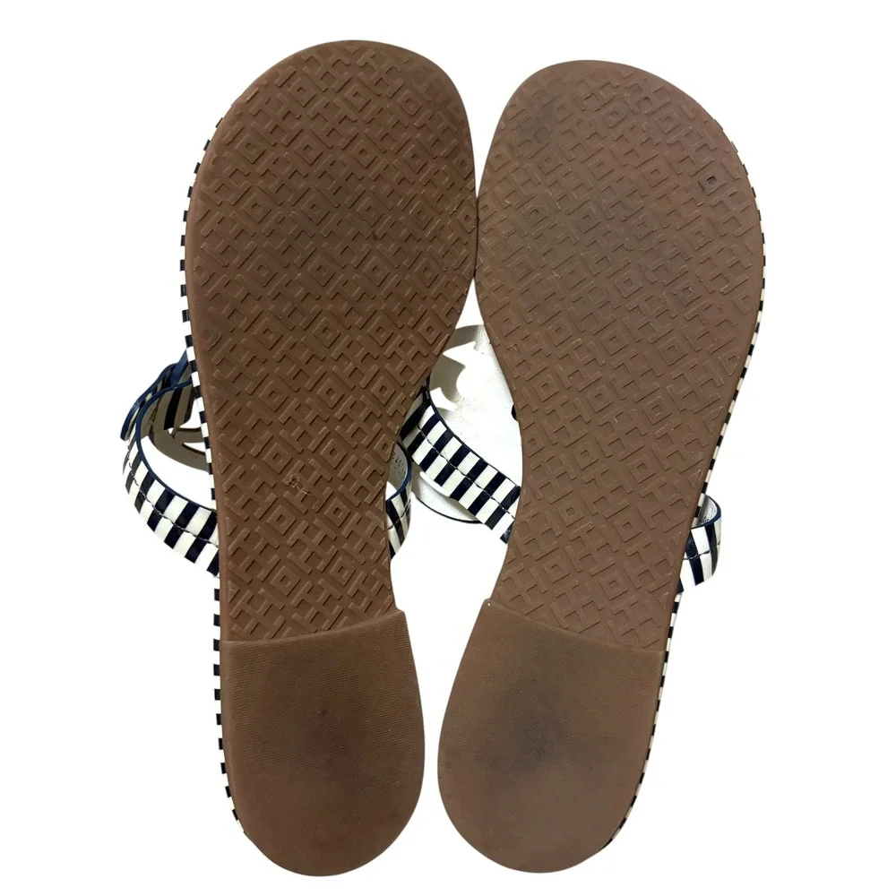 Tory Burch Womens 6.5 Miller Thong Sandals Navy White Striped Patent Logo Flat